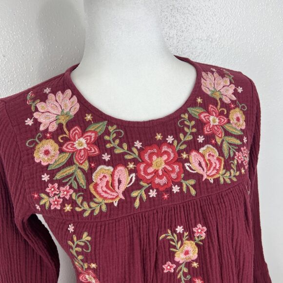 Andree by Unit Boho Blouse Women Small Maroon Floral Embroidered Long Sleeve Top - Picture 7 of 14